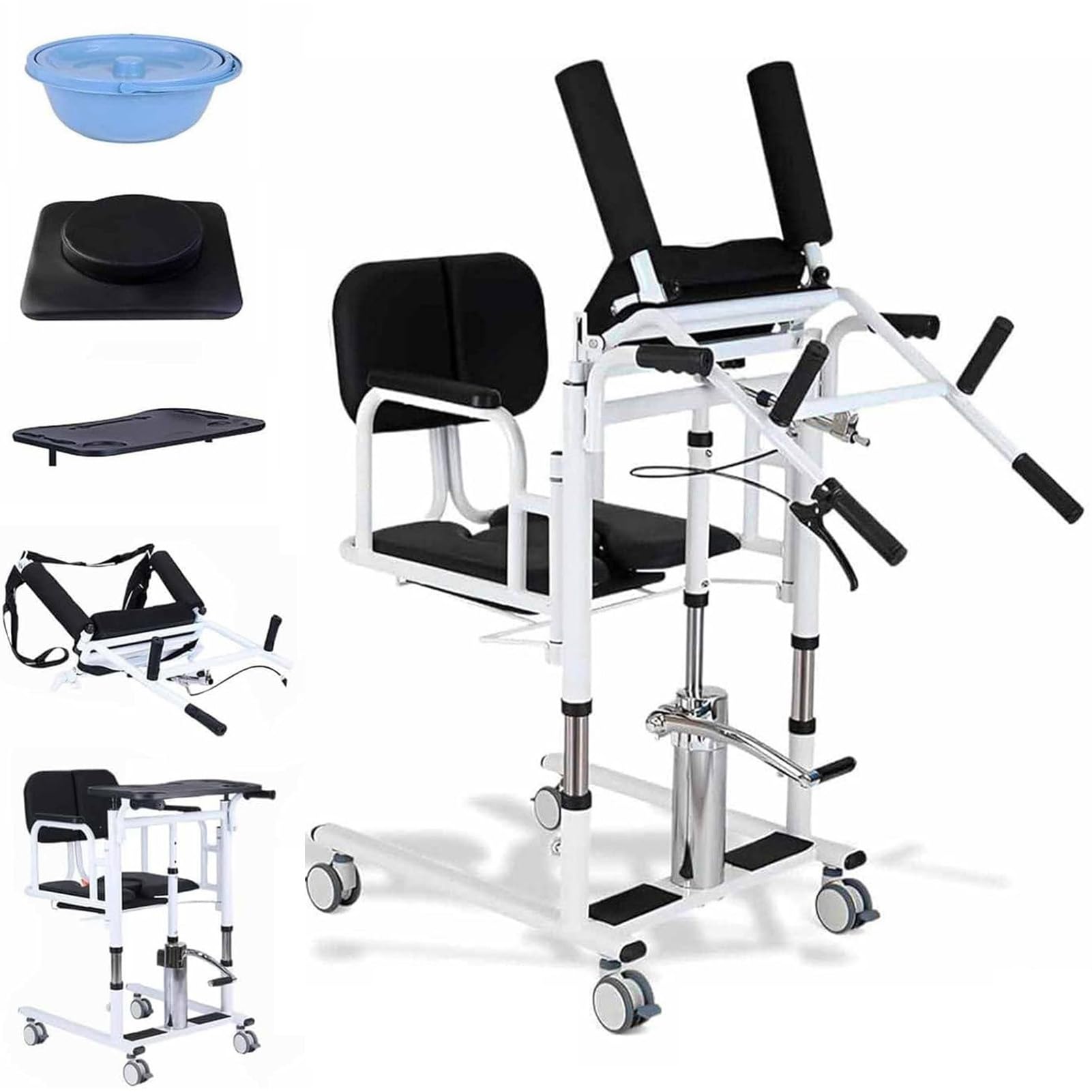 Joyfitness Transfer Wheelchair, Hydraulic Patient Transfer Lift Chair for Elderly, 180° Split Seat, Includes Safety Straps & Detachable Tray, 4 Locking Casters, Height 41-65cm, Max 440Lbs/200kg