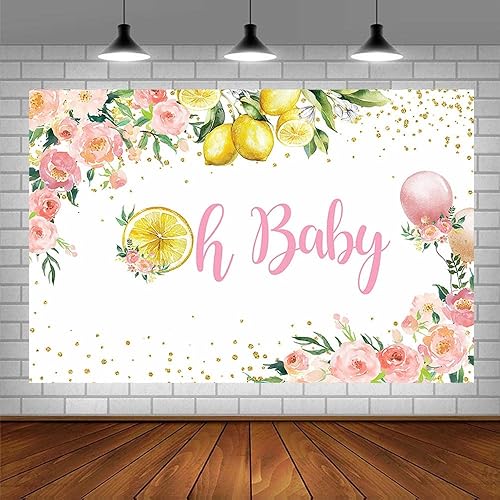 Miniatura 3 de SENDY Telón de fondo de baby shower de limón de 7 x 5 pies, suministros de decoración de fiesta de bebé para niña, globo rosa, floral, dorado,