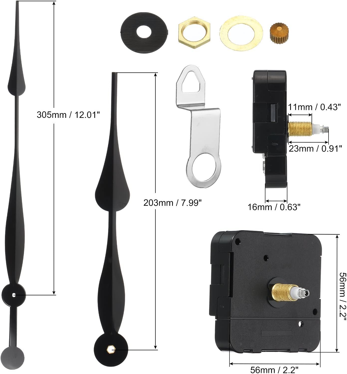 PATIKIL Clock Mechanism Replacement, 1 Set Quartz Clock Mechanism Battery Operated DIY Wall Clock 12" Long Clock Hand 23mm/0.9" Shaft for 5-8mm Dial Thickness Black