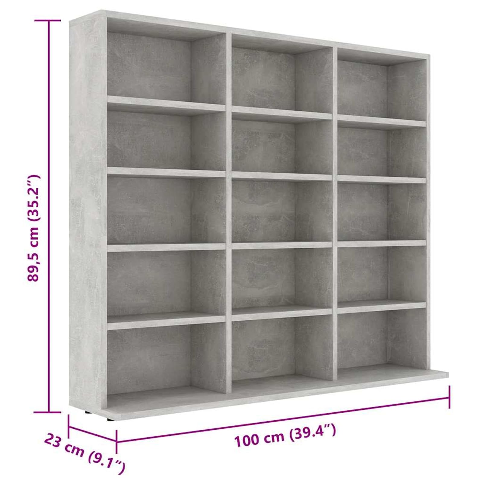 Gecheer CD-Regal, 15 offene Fächer, Betongrau, 100 x 23 x 89,5 cm, aus Holzwerkstoff, für Wohnzimmer, Büro oder Schlafzimmer zur Aufbewahrung von CDs, Schallplatten und Zubehör