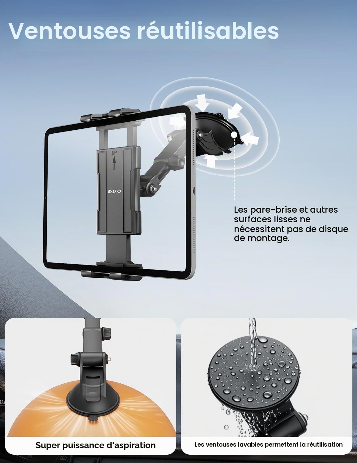 OHLPRO Support Tablette Voiture Pare Brise Tableau de Bord, Porte Tablette Voiture Support iPad Télescopique+Ventouse Lavable Universel Compatible avec iPad Apple Samsung 5-13" Tablettes Telephone