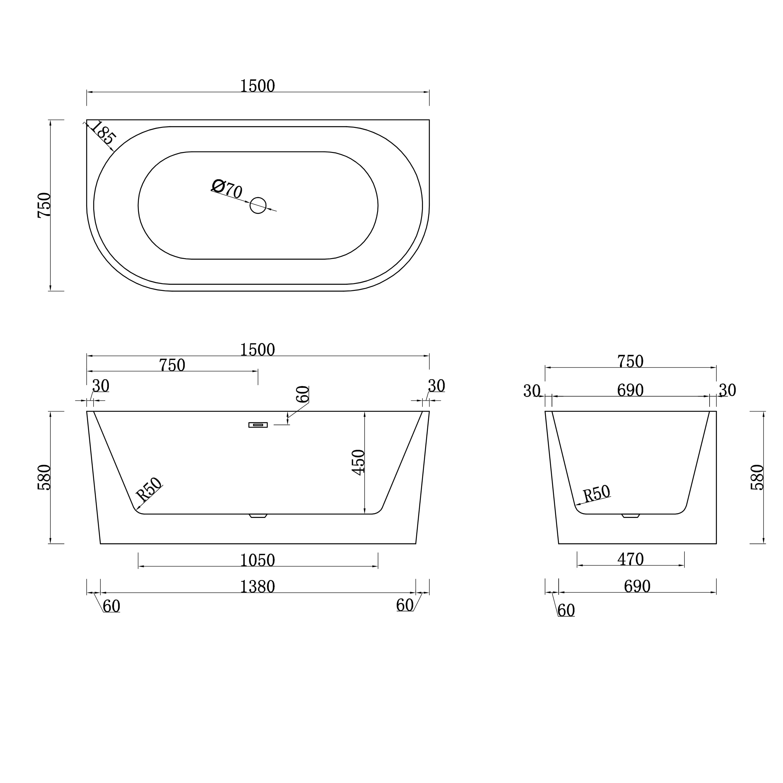 AQUAUNO Freistehende Badewanne 150 x 75 cm, Weiß | Zur Wandmontage, Hochwertiges Sanitäracryl, Klick-Klack-Ablauf, Überlauf und Ablaufgarnitur in Schwarz