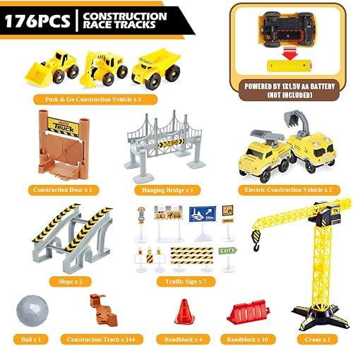 Miniatura 6 de Juego de pistas de carreras de construcción, pistas de tren flexibles con 2 vehículos eléctricos de carreras de construcción con luces, juguetes de