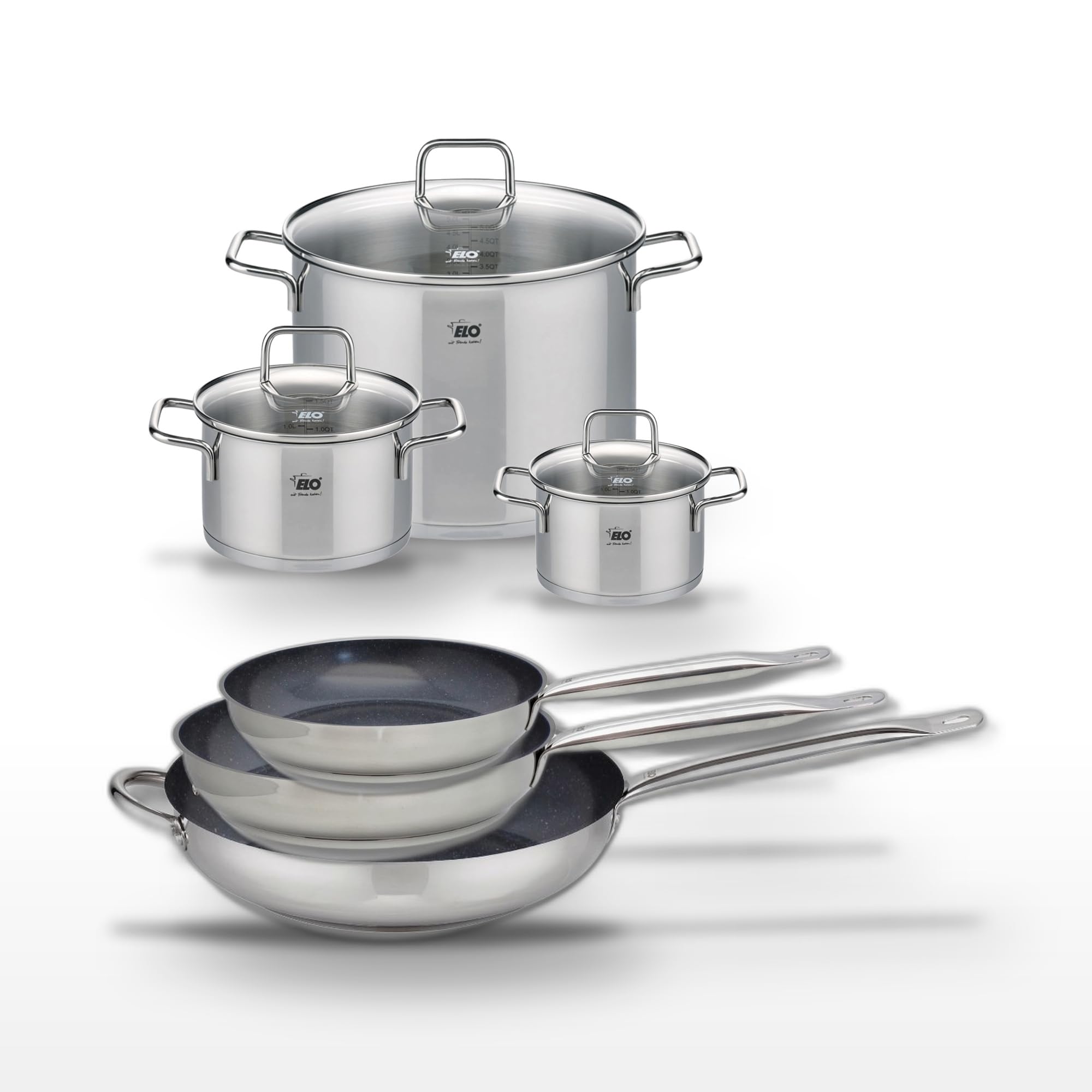 Elo Batterie cuisine 6 pieces 16-32 cm | Lot complet pour équiper la cuisson, 3 poêles et 3 faitouts, Acier inoxydable, 24 à 32 cm, Compatible induction four