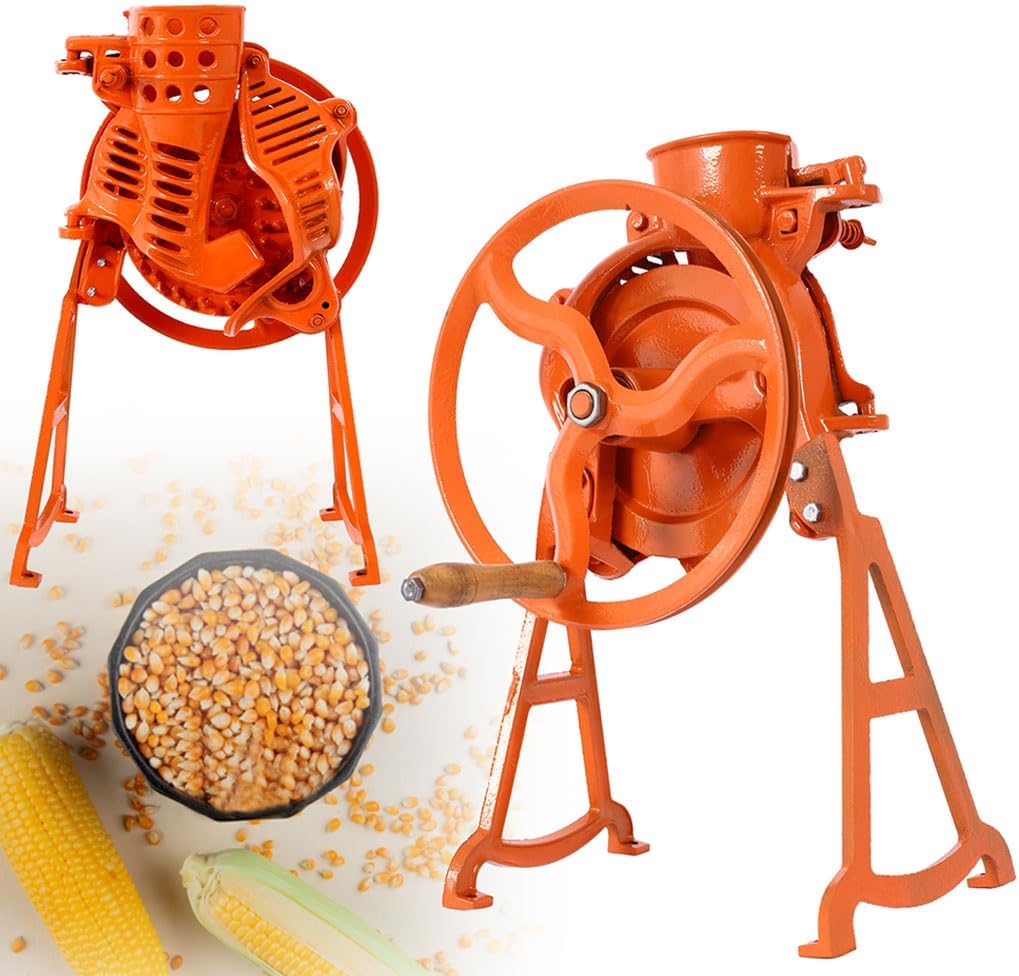 Heavy Duty Steel Corn Sheller – Manual Hand Crank Corn Thresher with Adjustable Screws for Efficient Shelling – Also Hulls Walnuts – Orange