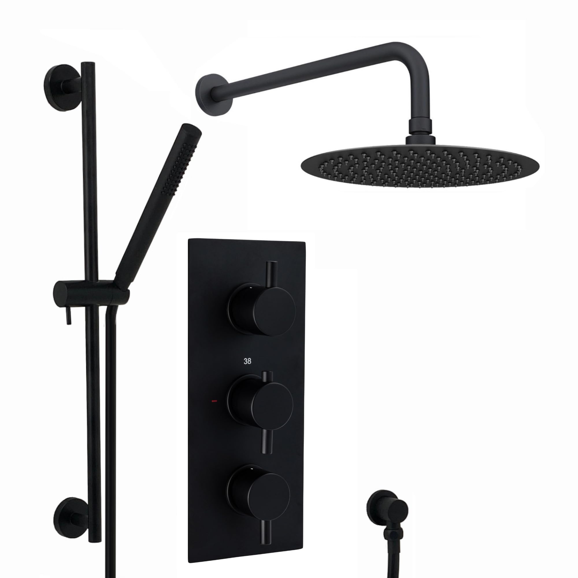 ENKI, Naples, SH0313, Contemporary Round Concealed Thermostatic Shower Set Incl. Triple Valve, Wall Fixed 8" Shower Head, Slider Rail Kit - Matte Black (2 Outlet)