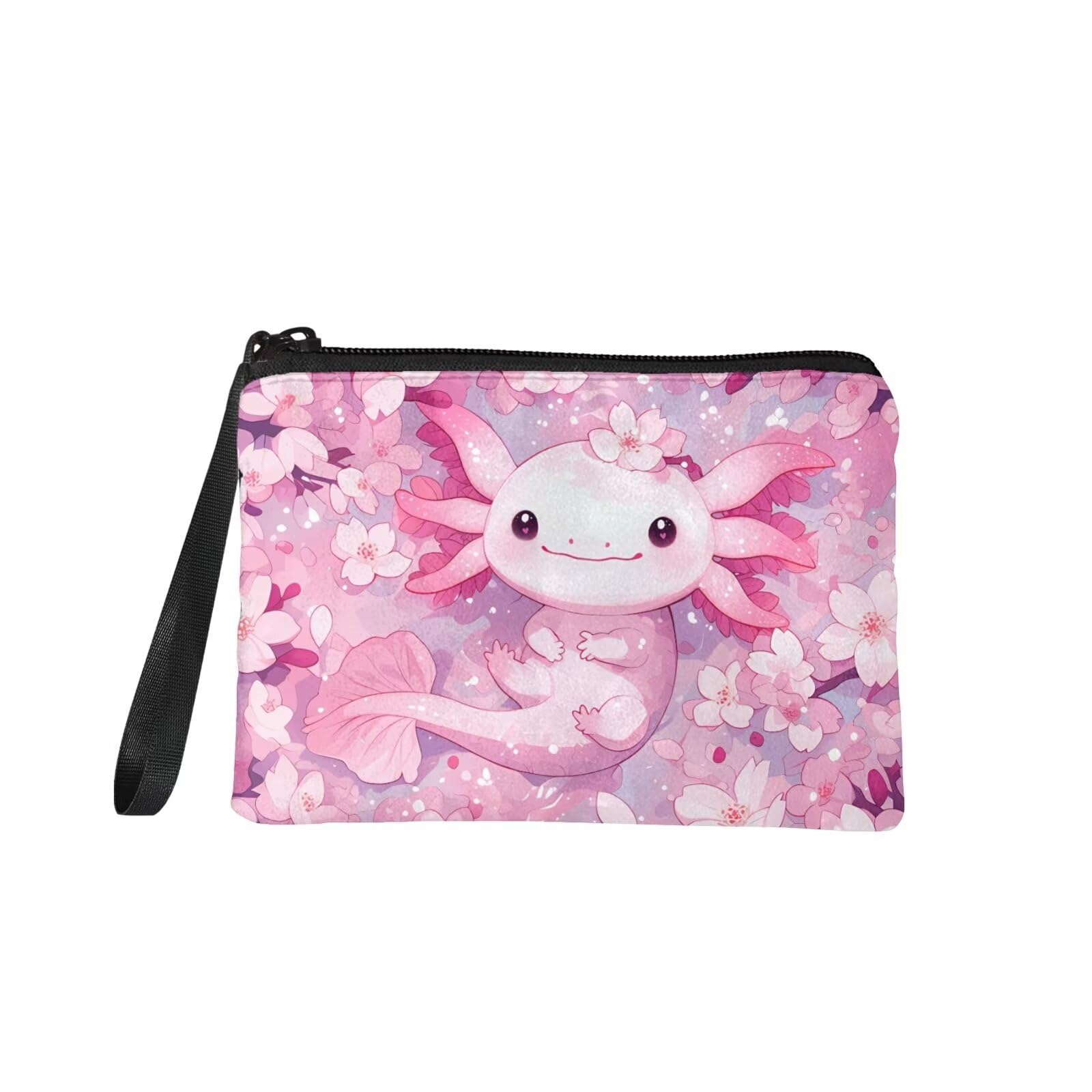 Rshubino Cherry Blossom Axolotl Change Purse Wallet, Portable Wristlet Pouch, Key Credit Cards Holder, Coins Purse for Women with Cards Holder for