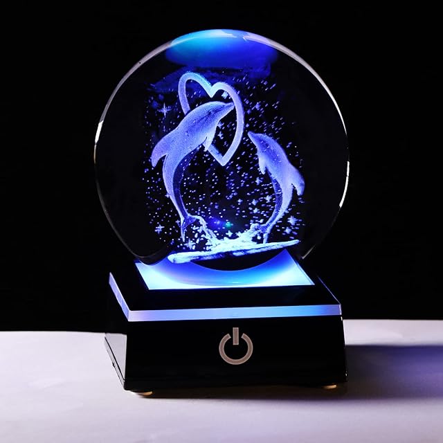 80MM Crystal Ball Dolphins Gifts for Women Double Dolphins Heart Love Sphere with Colorful LED Stand Paperweight Ornaments, Valentine's Gfits for Gilfriend