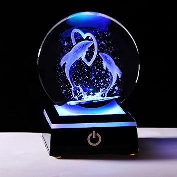 80MM Crystal Ball Engraved Dolphins Figurine Ornament with Colorful LED Stand, Glass Double Dolphin Gifts for Women Friends on Christmas Valentine's