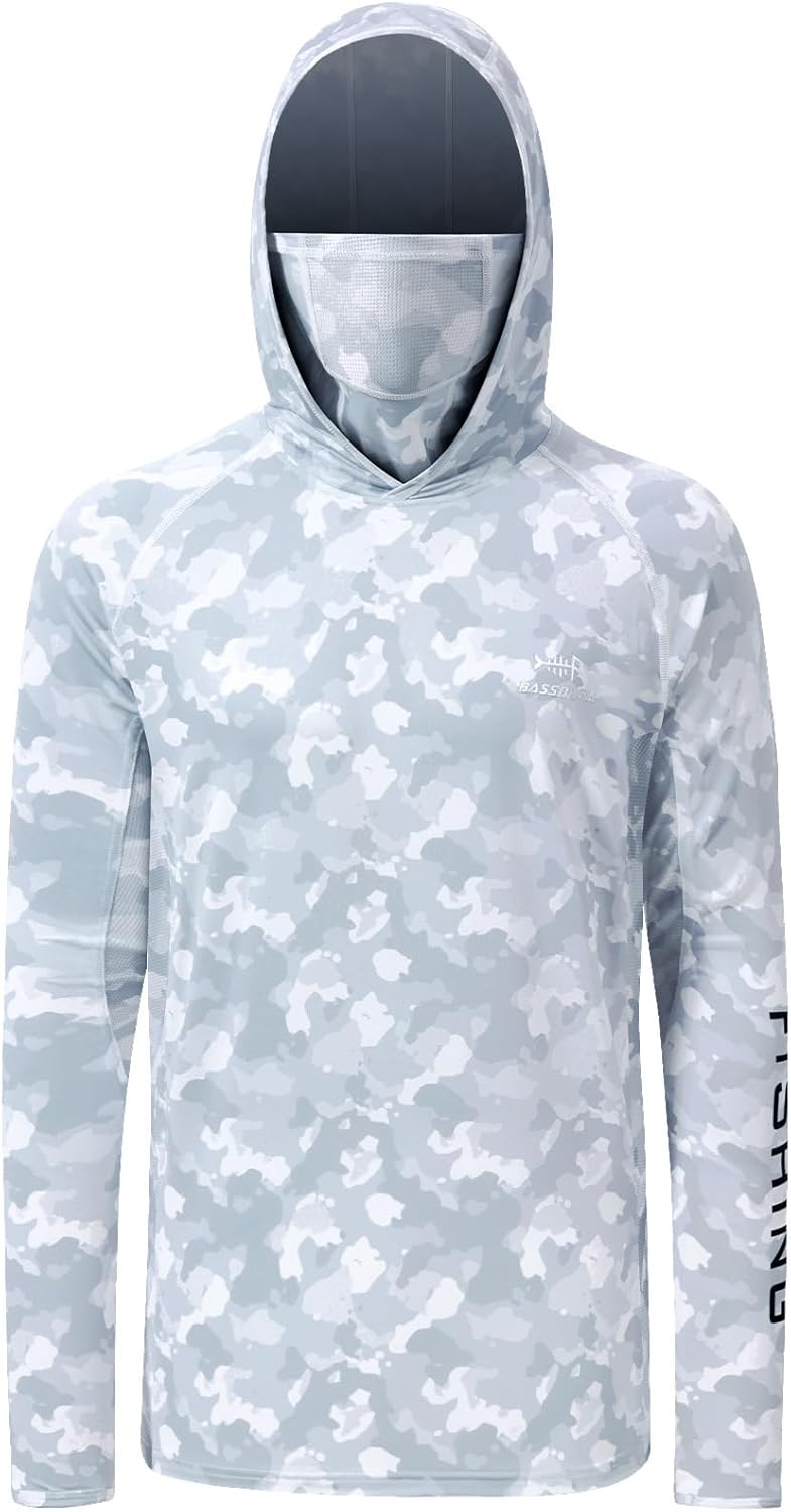 BASSDASH Men’s UPF 50+ Hooded Breathable Camo Shirts with Face Mask Lightweight Neck Gaiter Fishing Hiking Hoodie Shirt FS51M