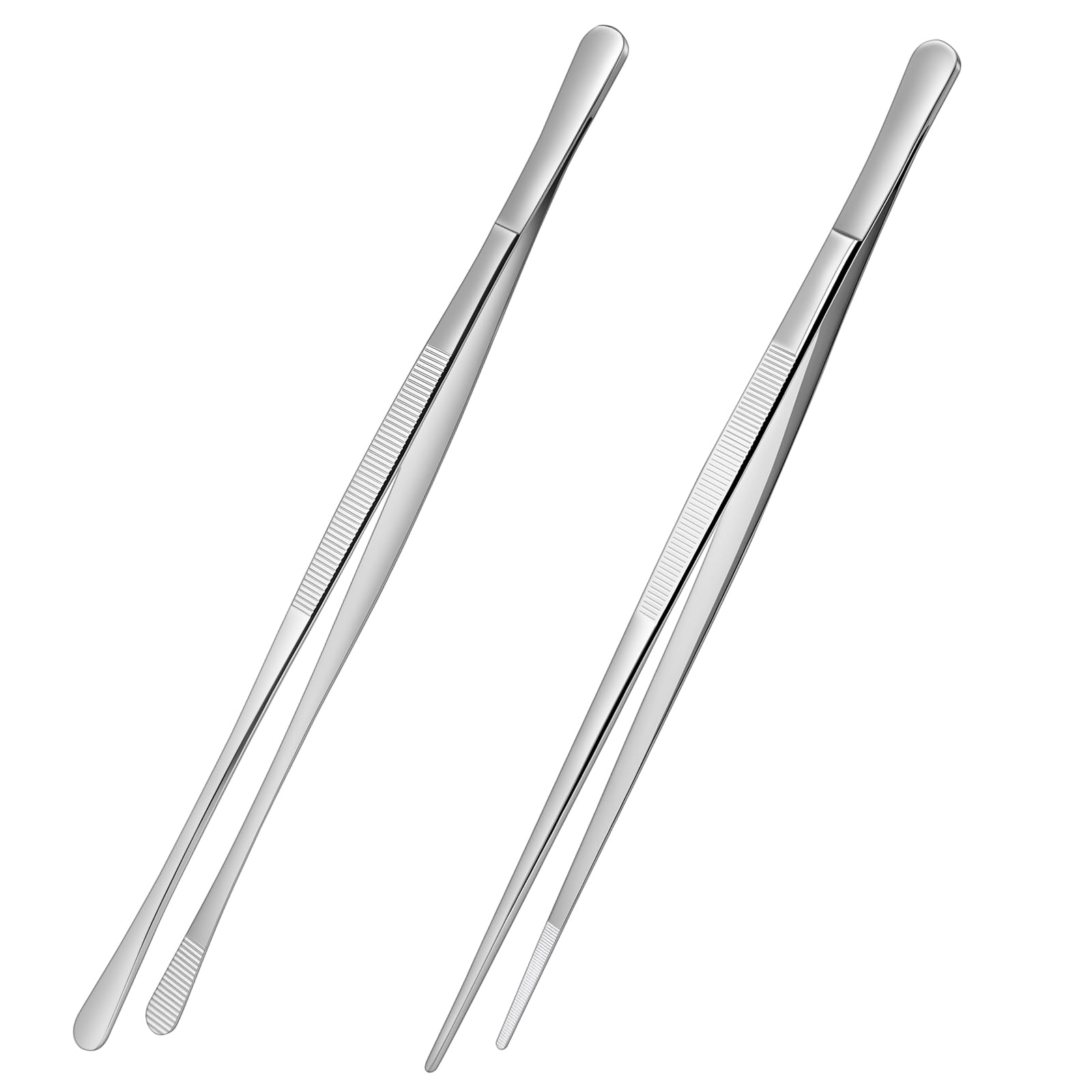 Adiwo Kitchen Tweezers Tongs 2pcs, 30cm Extra-Long Non-Slip Cooking Tweezers, Stainless Steel Metal Food Tongs, for BBQ, Frying, Salad, Hot Pot, Air Fryer, Silver - Straight Head + Round Head - 2