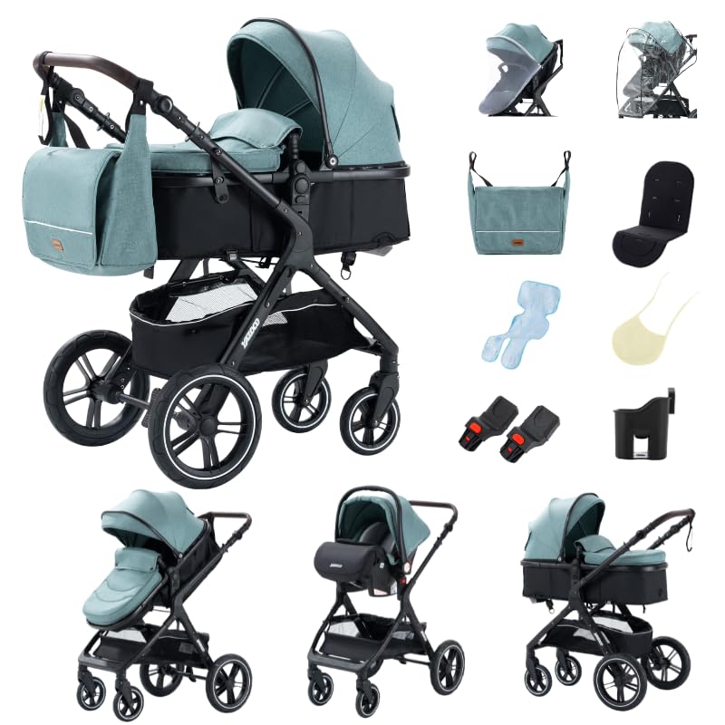GLOKID Carrito bebé 3 Piezas, Carro, Carrito bebé 3 en 1, Silla Paseo, Sistema de viaje, Plegable, neumáticos de caucho, Con accesorios, Góndola, Adaptateurs, 25 kg (X1 Verde)