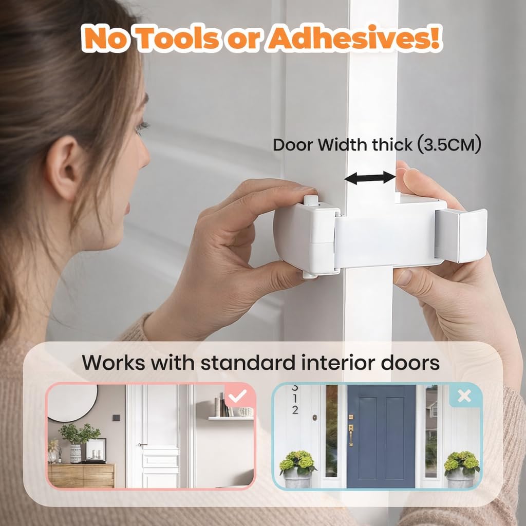 The Door Lock Can't Reach or Defeat - No Tools or Adhesives Required, Simple Install Safety Lock, Interior Doors Safety Supplies for All Proof Door Lock (1/Set) — view 2