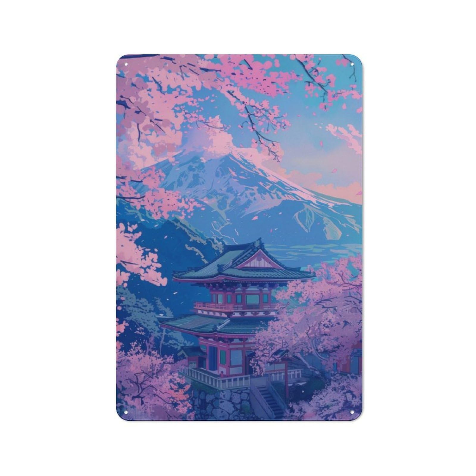 Junmoney Sakura Mountain Painting Rustic Metal Sign 30X20cm For Lounge Or Reading Corner, For Reading Corner Decorators