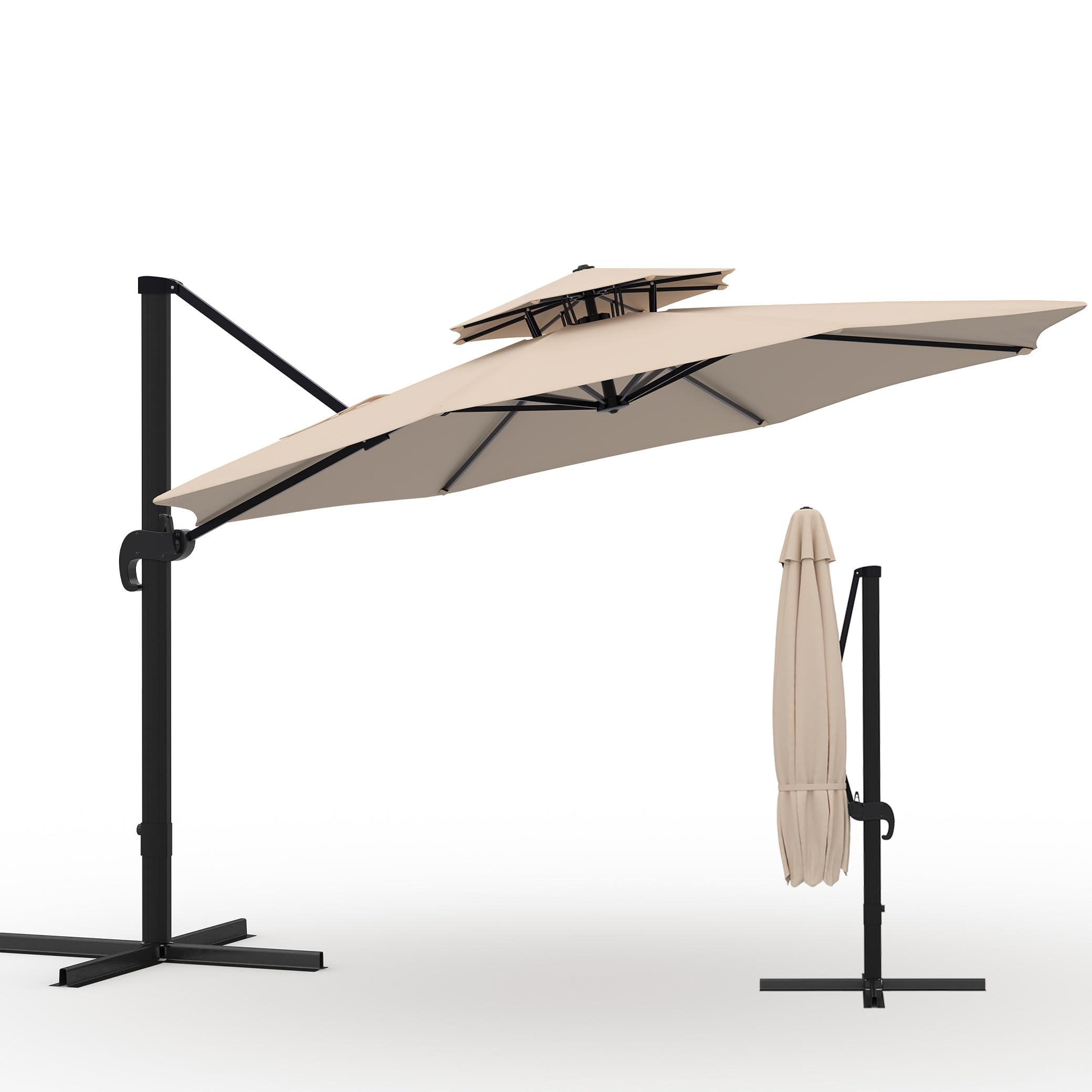 10x10 ft round outdoor umbrella, cantilever patio umbrella with 360° rotation & adjustable height, heavy duty aluminum umbrella outdoor patio for garden poolside,khaki (base not included)