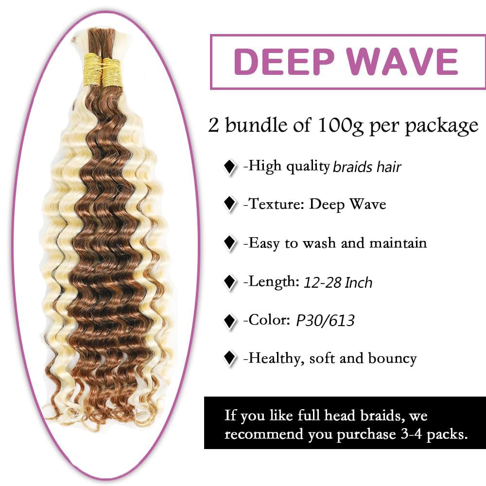 Evaxilc Deep Wave P30/613 Highlight Blonde Color 50g/Bundles 30 30 30 Inch Bulk Hair For Braiding 3 Bundles/Pack Virgin No Weft For Braiding Wavy Human Hair Extensions - Image 3
