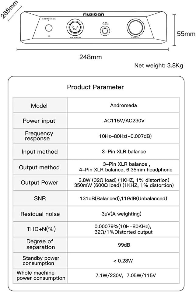 AOSHIDA Musician Andromeda Class A Balanced Headphone Amp Preamp 3-Pin XLR to 6.35mm/4-Pin XLR Earphone Amps 3800mW×3800mW Headphone Amplifiers 3-Pin XLR Preoutput Preamplifiers (Black)