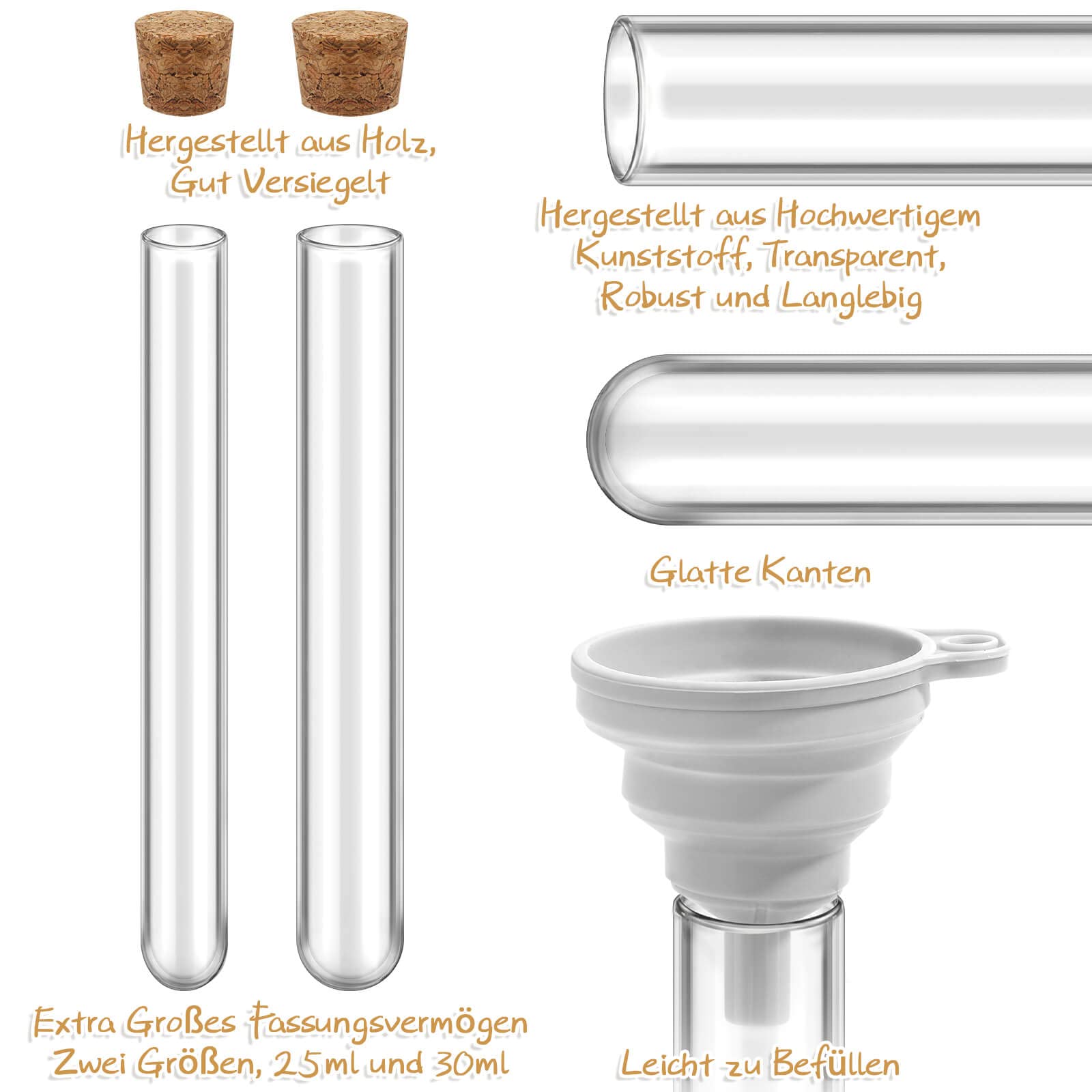modacraft 50 sztuk dużych probówek z korkiem na słodycze, kwiaty, sól do kąpieli, prezenty dla gości weselnych, 25 szt. 30 ml i 25 szt. 25 ml, tworzywo sztuczne, probówka, 60 szt., zawieszka 20 m sznurek jutowy lejek