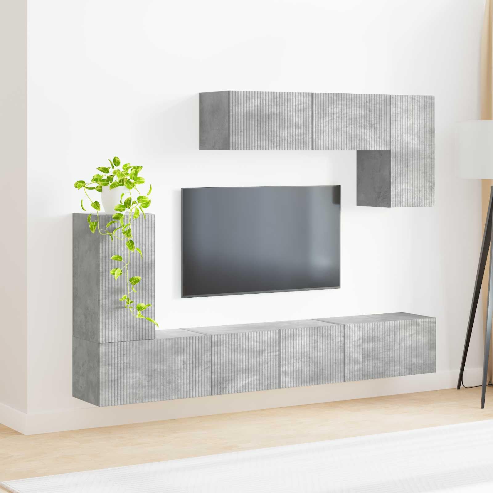 Ensemble Meuble TV 4 pièces Gris béton en Bois d'ingénierie, Montage Mural avec étagères, tiroirs et Portes, Rangement pour Salon séjour multimédia, Console et Support Audio vidéo