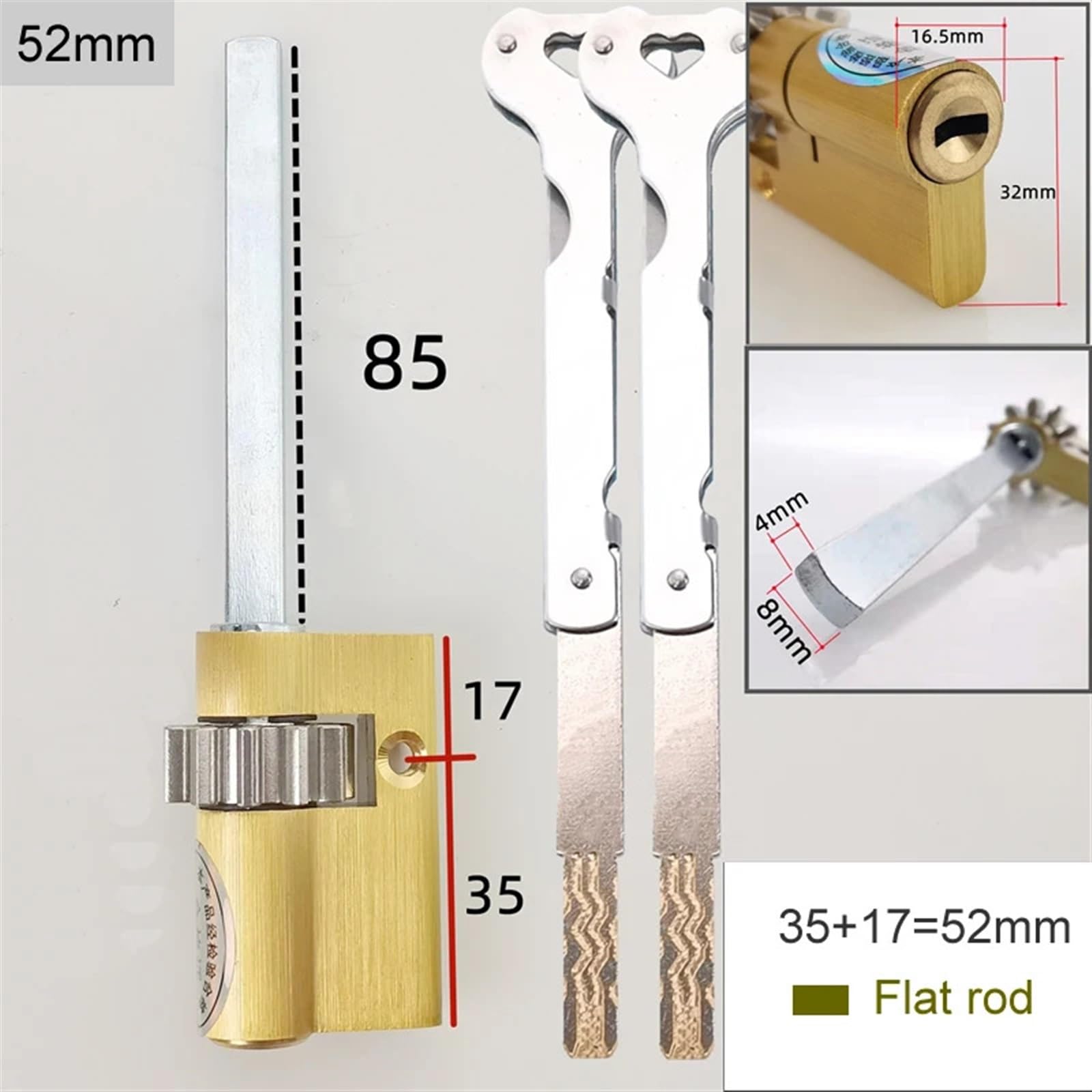 Special Lock Core for Cylinder with Gear C-Class Core 2 Keys Door Emergency Lock Core 1Pcs(52mm Flat Rod,10 Gears)
