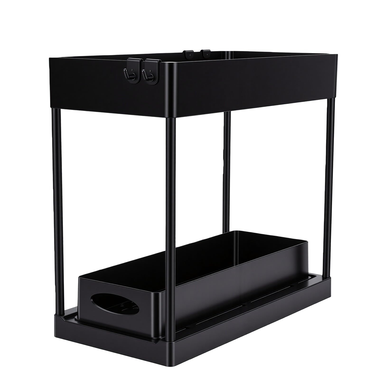 Cocoarm Organizer Pod Zlew, Dwupoziomowy Wysuwany, Cztery Haczyki (BLACK)