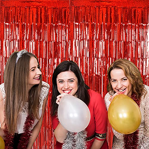 Image of TONIFUL 3Pcs Laser Red Door Streamers,Laser Red Photo Booth Backdrop Metallic Streamers Foil Fringe Curtains for Birthday,Christmas,New Year,Bachelorette,Grad Party Streamers Decor(9.9ft x 6.6ft)