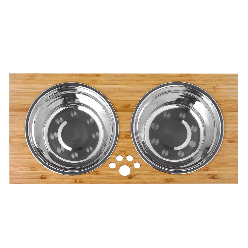 FOREYY Ciotole per cani alzate per cani e gatti Ciotole per cibo e ciotole per cani in bambù Elevated Stands Piatti per mangiatoie con 2 ciotole in acciaio inox e piedini antiscivolo (L)