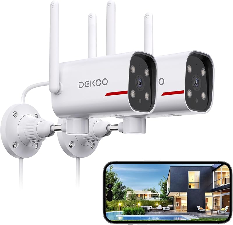 Cámaras de seguridad para exteriores DEKCO 2K, WiFi con cable, paquete de 2 | Visión nocturna en color, grabación 24 horas al día, 7 días a la semana, WiFi de 2,4 GHz, rotación panorámica para puerta de entrada, entrada, garaje y patio