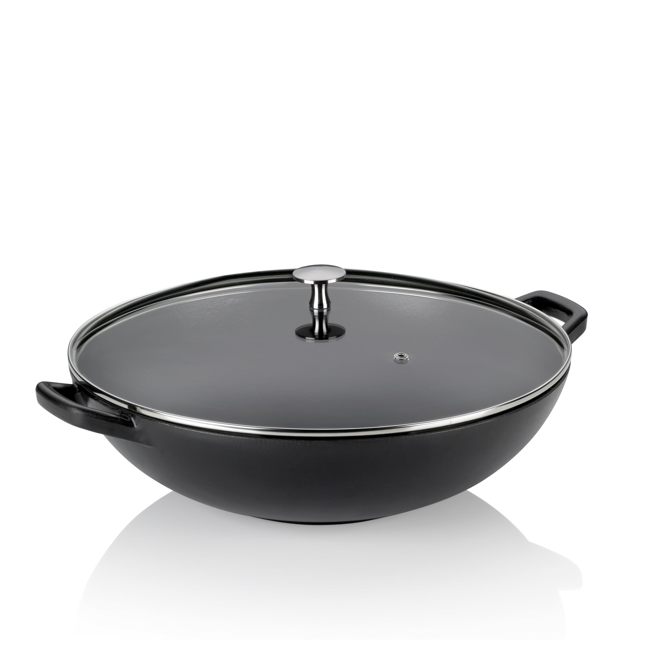 kela Wok Calido, Durchmesser 36 cm, 4 L, Gusseisen, schwarz, Allherdboden, rau emailliert, Glasdeckel mit Edelstahlgriff, 12475
