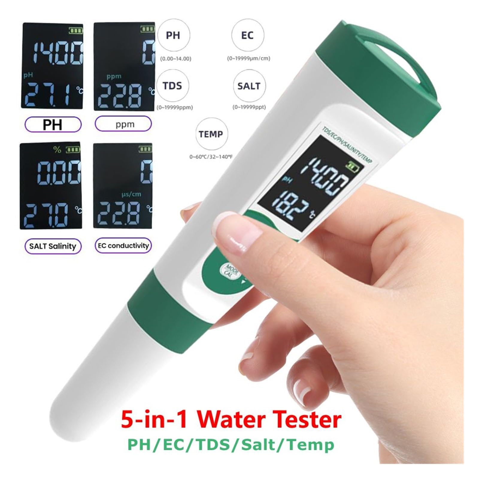Tester for Acqua 5 in 1, for Sale da Piscina, Misuratore di PH/EC/TDS/Sale/Temperatura Ad Alta Precisione, Analizzatore for Potabile E Acquari Rilevamento Rapido E Preciso