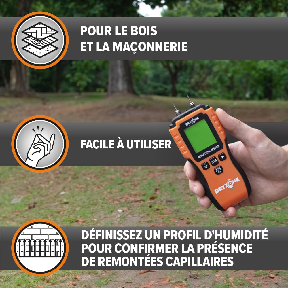 Dryzone Testeur d'Humidité - Détecteur d'Humidité à Broche et Écran LCD - pour Murs, Bois et autres Matériaux de Construction - Facile à Utiliser