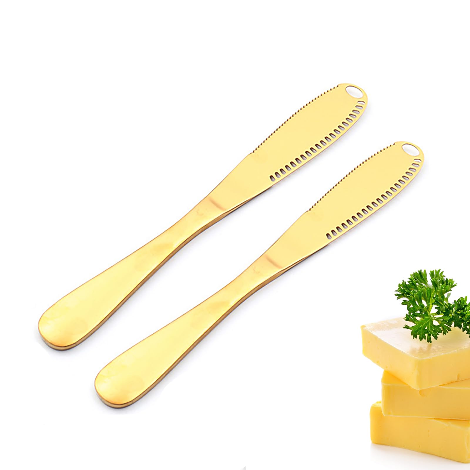 ALLOMNButter Knife, Butter Knives, 3 in 1 Stainless Steel Butter Spreader, Spreader Slicer and Butter Curler Knife with Serrated Edge for Cutting and Spreading Butter Cheese Jam(2pcs,Golden)