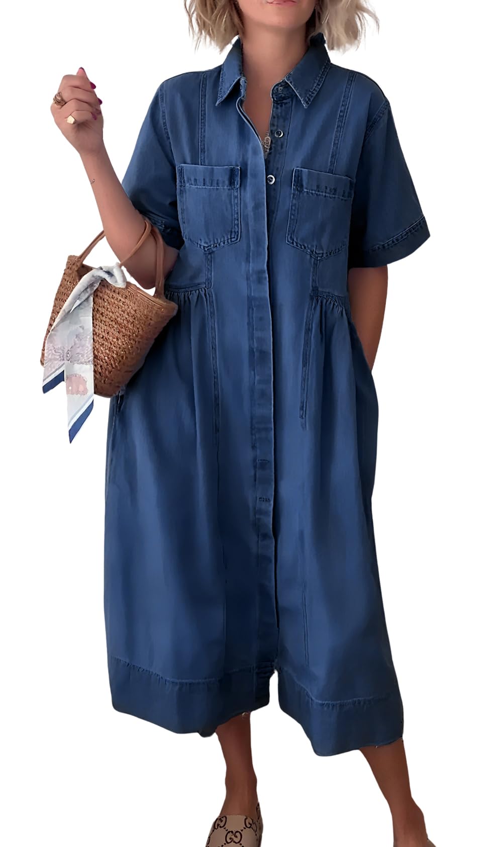 Women's 2025 Summer Short Sleeve Denim Shirt Dress Midi Long Western Business Casual Jean Dress