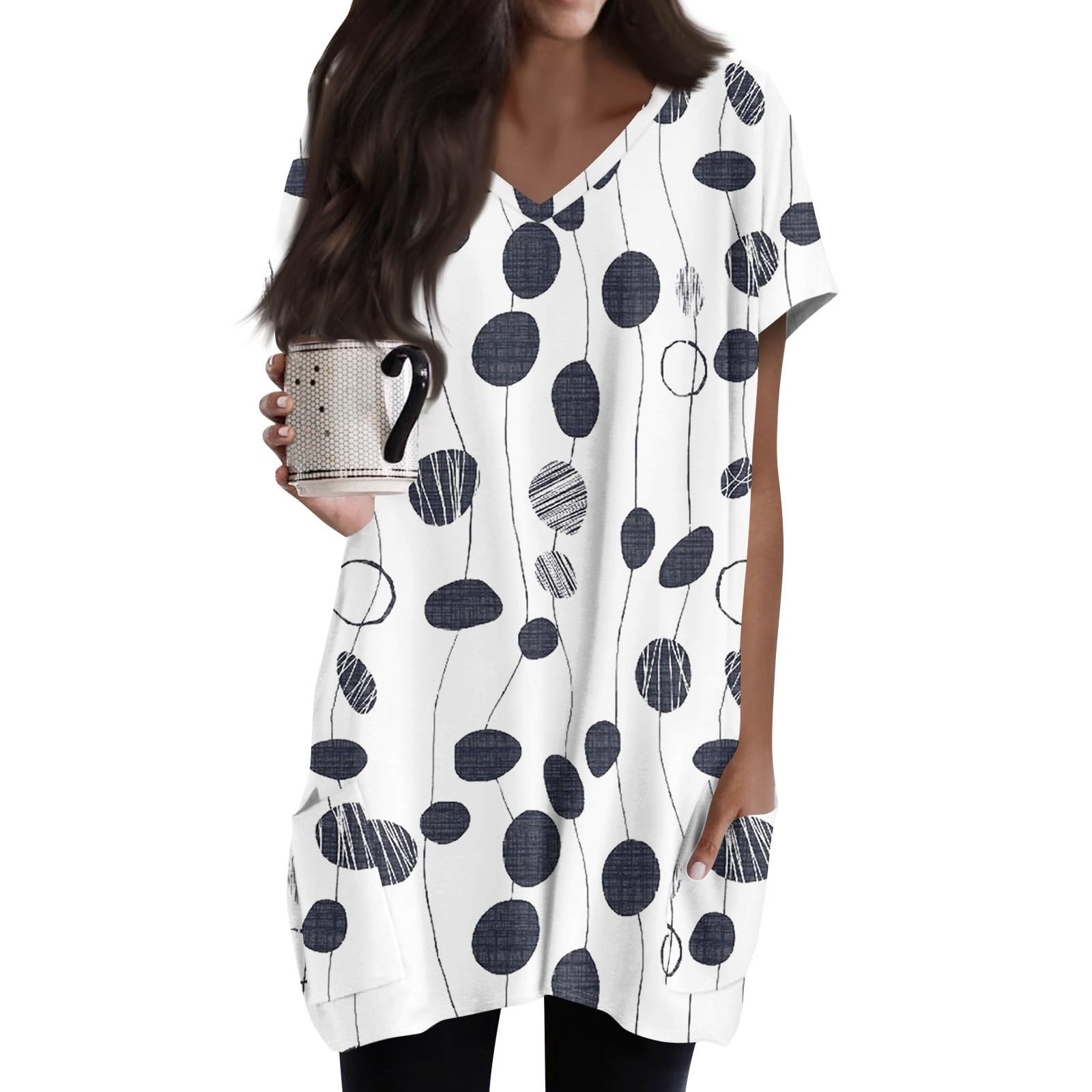 Womens Summer 2025 Casual Short Sleeve V Neck Shirts Loose Fit Oversized Tshirts Tunic Tops With Pockets