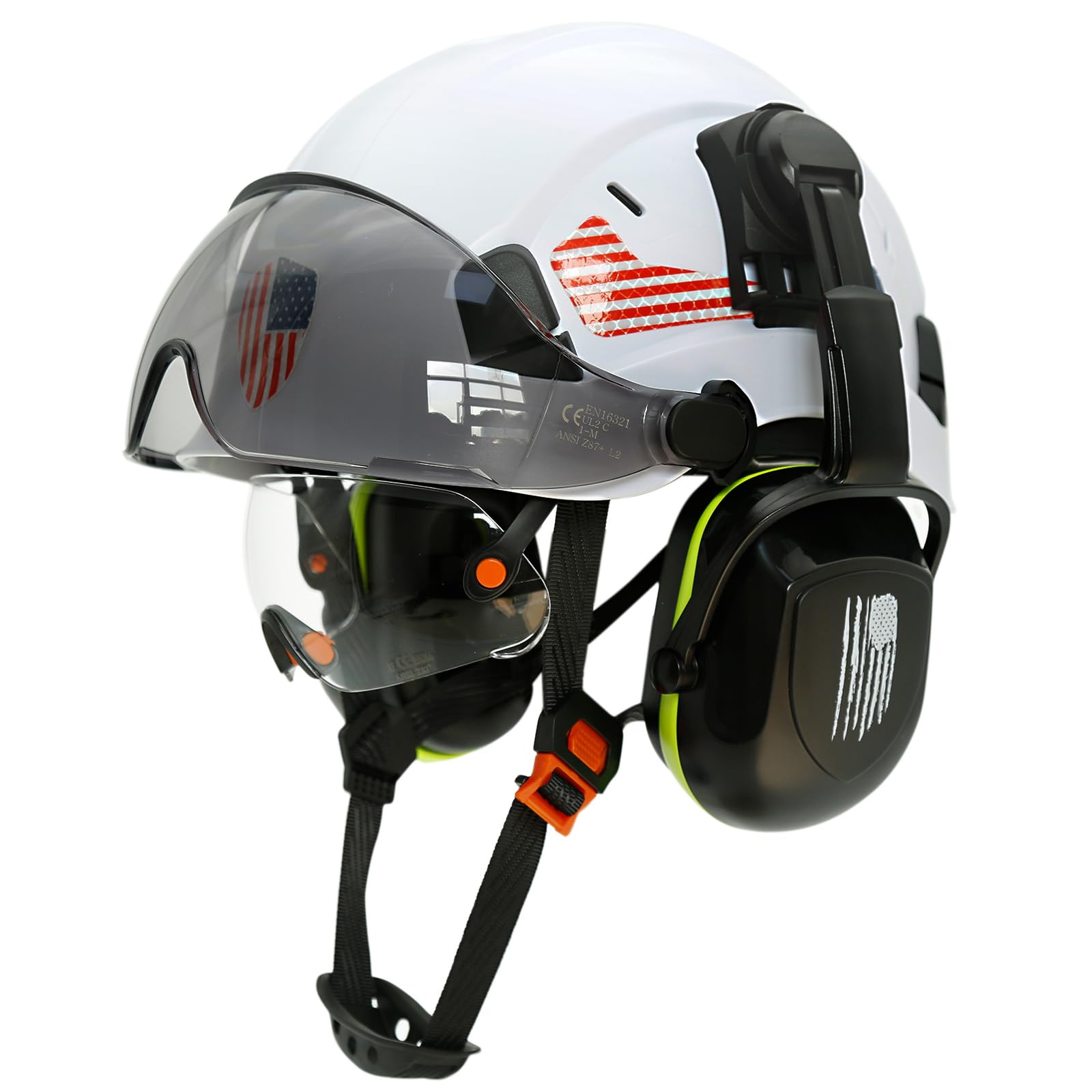Perldverge OSHA Approved Construction Hard Hat with Dual Visor and Ear Protection -White Hard Hats with Clear Visor Sun Glasses and Hearing Protection