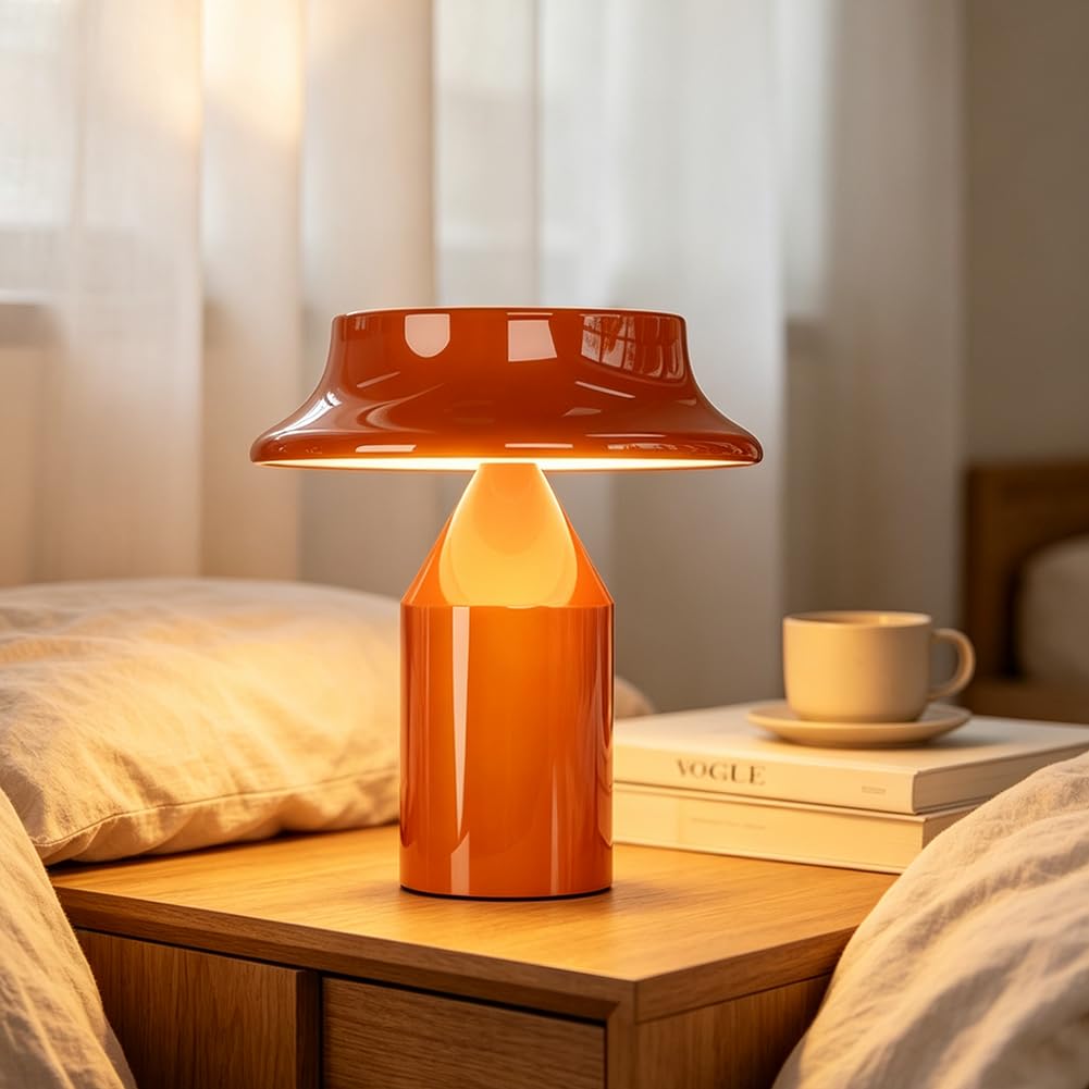 Lampada a LED a Forma di Fungo Arancione Ricaricabile Dimmerabile da Tavolo Senza fili con Comando Touch Ricaricabile Tramite USB Lampada a Batteria da 2000mAh in Metallo 3 Temperature di Colore