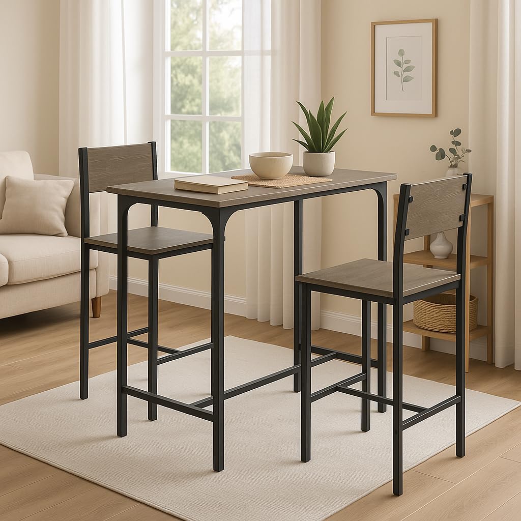 Tangkula 3 Piece Counter Height Bar Table Set, Pub Table and Chairs Set of 2, High Top Console Table with Stools for 2, Space-Saving Dinette Set for Breakfast Nook (Grey)