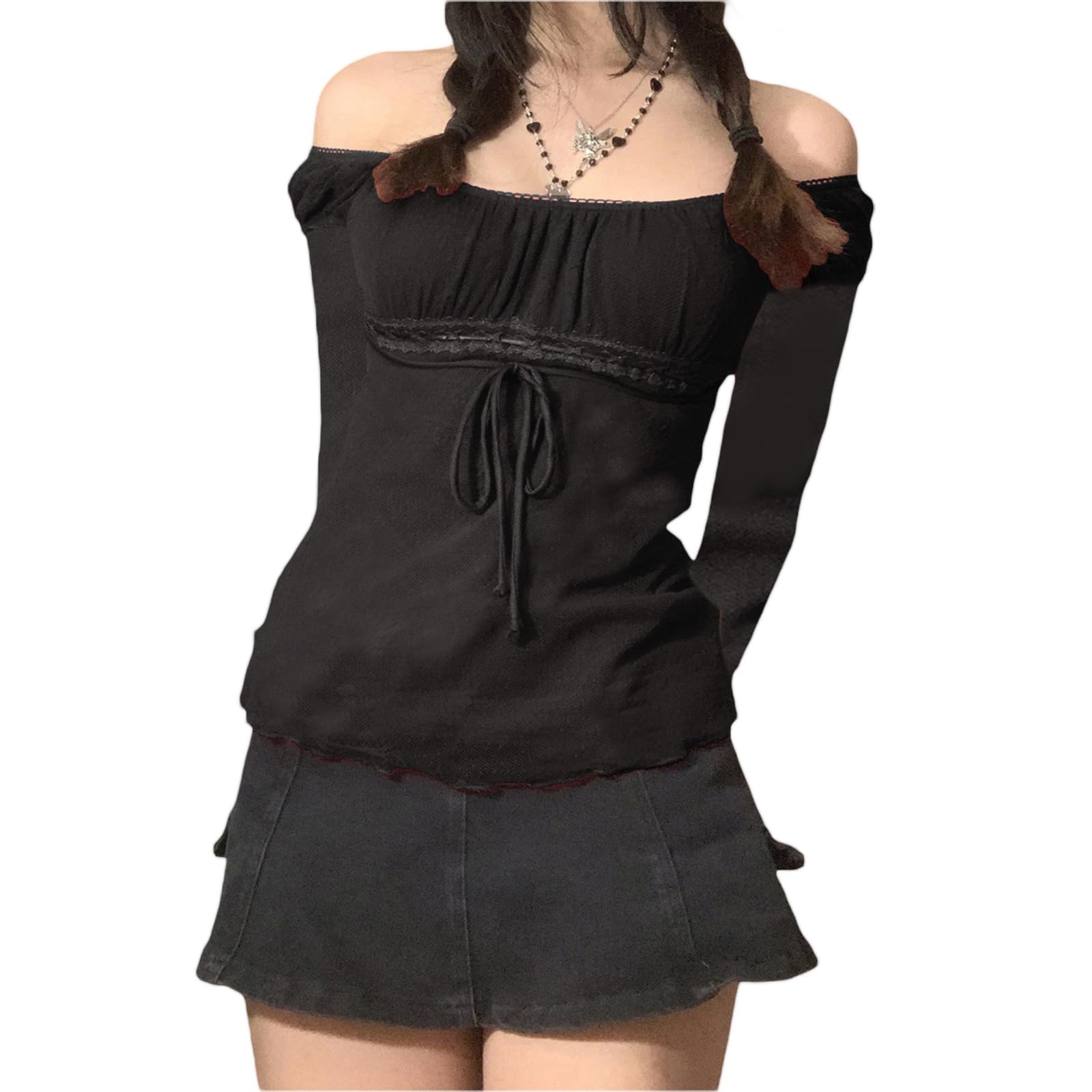 Women Fairy Grunge Y2k Shirts Square Neck Lace Trim Patchwork Tops Short Sleeve Low Cut Basic Aesthetic Tops