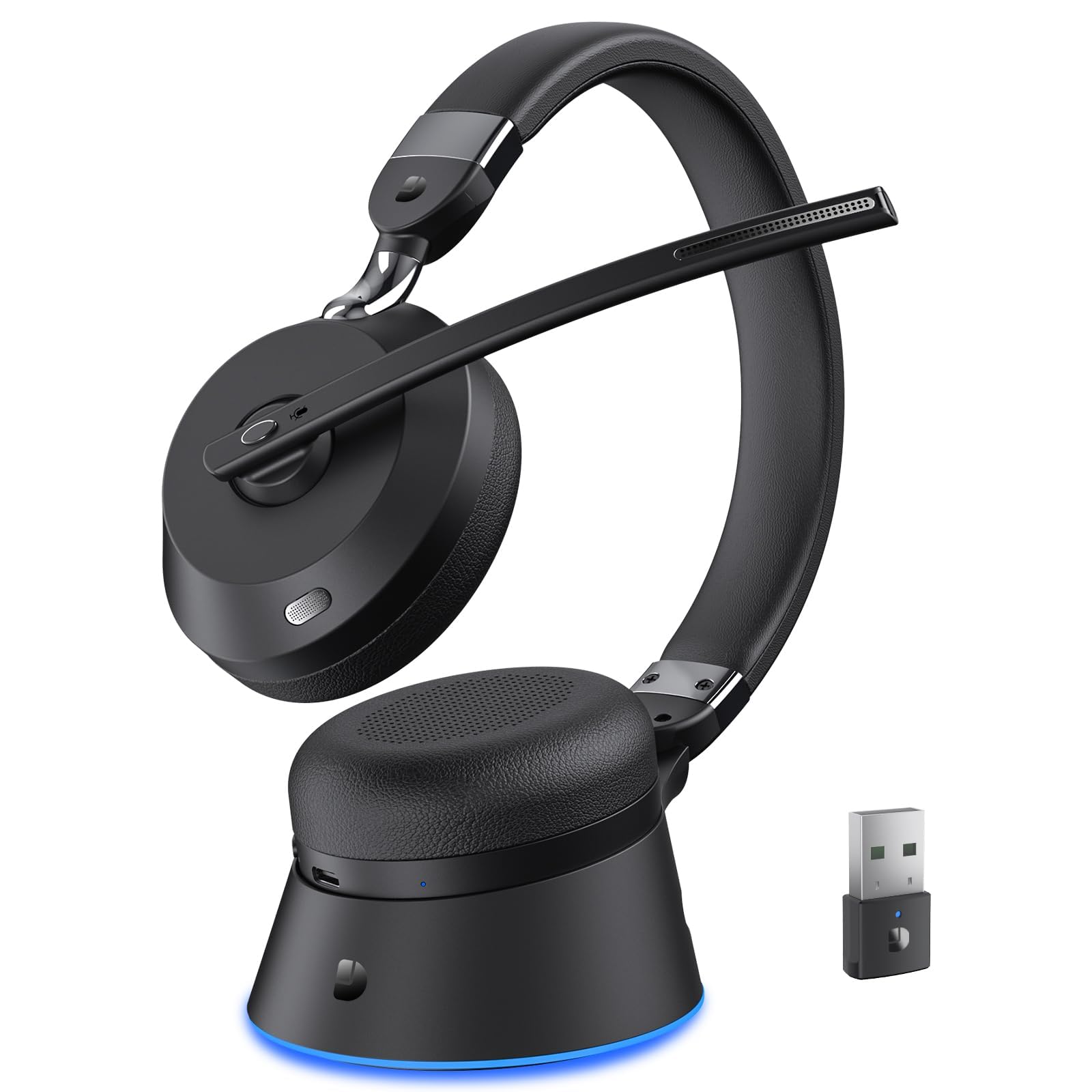 Wireless Headset with Mic for Work, Bluetooth Headphones with Microphone (Noise Cancelling) &amp; Charging Base, Wireless Headset for Work from Home/Office/Call Center/PC/Computer/Laptop/Teams/Zoom/Skype