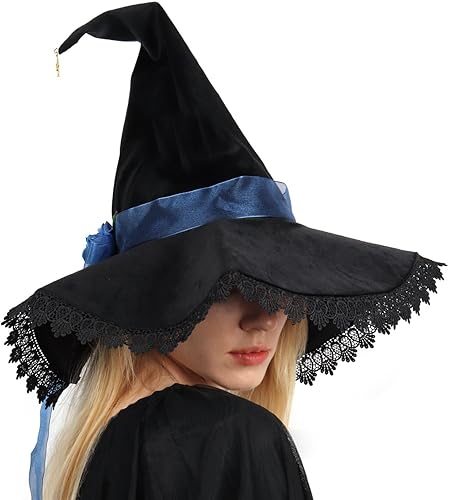 Miniatura 5 de C-ZOFEK Sombrero de bruja de terciopelo negro con ala de encaje para mujer, disfraz de mago, cosplay, fiesta de Halloween