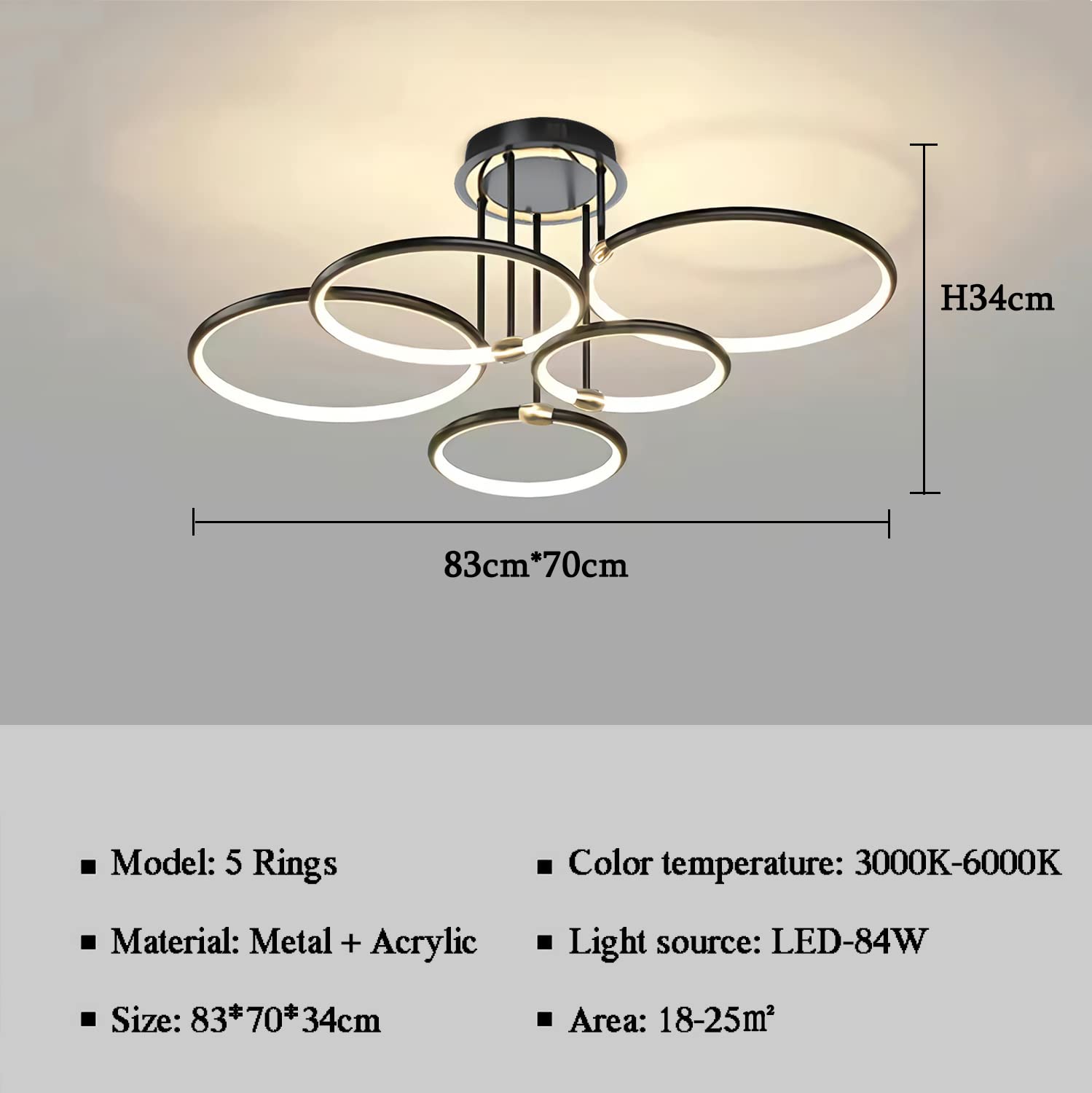 Lampa sufitowa Nowoczesna LED Ściemniana Czarna Lampa Sufitowa Pierścieniowa Z Pilotem Oświetlenie Do Sypialni Salon Kuchnia Jadalnia Przedpokój Lampa Wisząca (5 Pierścień/83cm/84W)