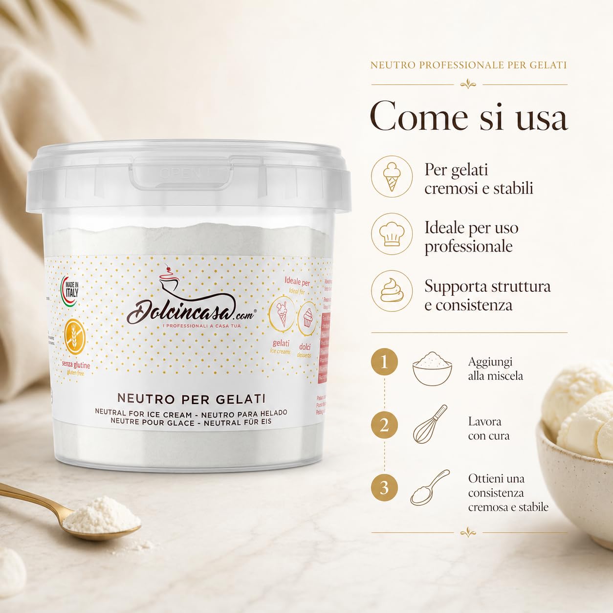 Dolcincasa-com Neutre pour Crème Glacée et Gelato de Fruits avec Farine de Guar et Graines de Caroube Epaississant Emulsifiant Stabilisateur Sans Gluten Usage Domestique Professionnel Pack de 500 g