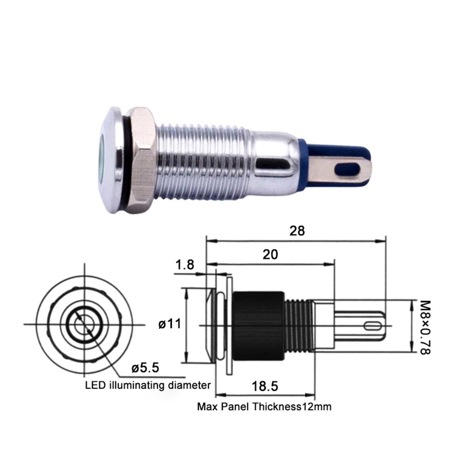 Voyant lumineux en métal étanche de 8 mm, rouge vert bleu jaune blanc LED chrome voyant d'avertissement lampe témoin 3 V 6 V 12 V 24 V 220 V(Red,3-6V DC AC)