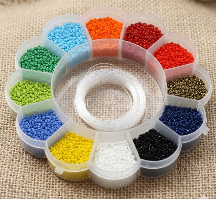 Image of Beadsnfashion Opaque Colors Glass Seed Beads Kit for Girls and Kids- Size 11 /0 (2mm) - Includes 12 Mtrs Nylon Thread for Jewellery Making, Beading, Embroidery, Art & Craft Projects