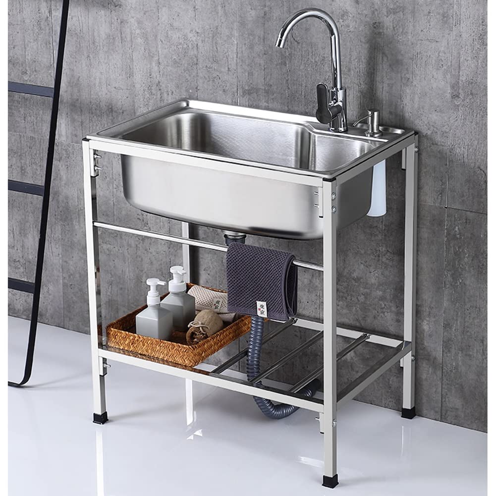 Lavello da cucina a vasca singola in acciaio inox, autoportante, per ristorante, e lavandino, con ripiani portaoggetti, multiuso per lavanderia, argento-c-68 x 44 cm
