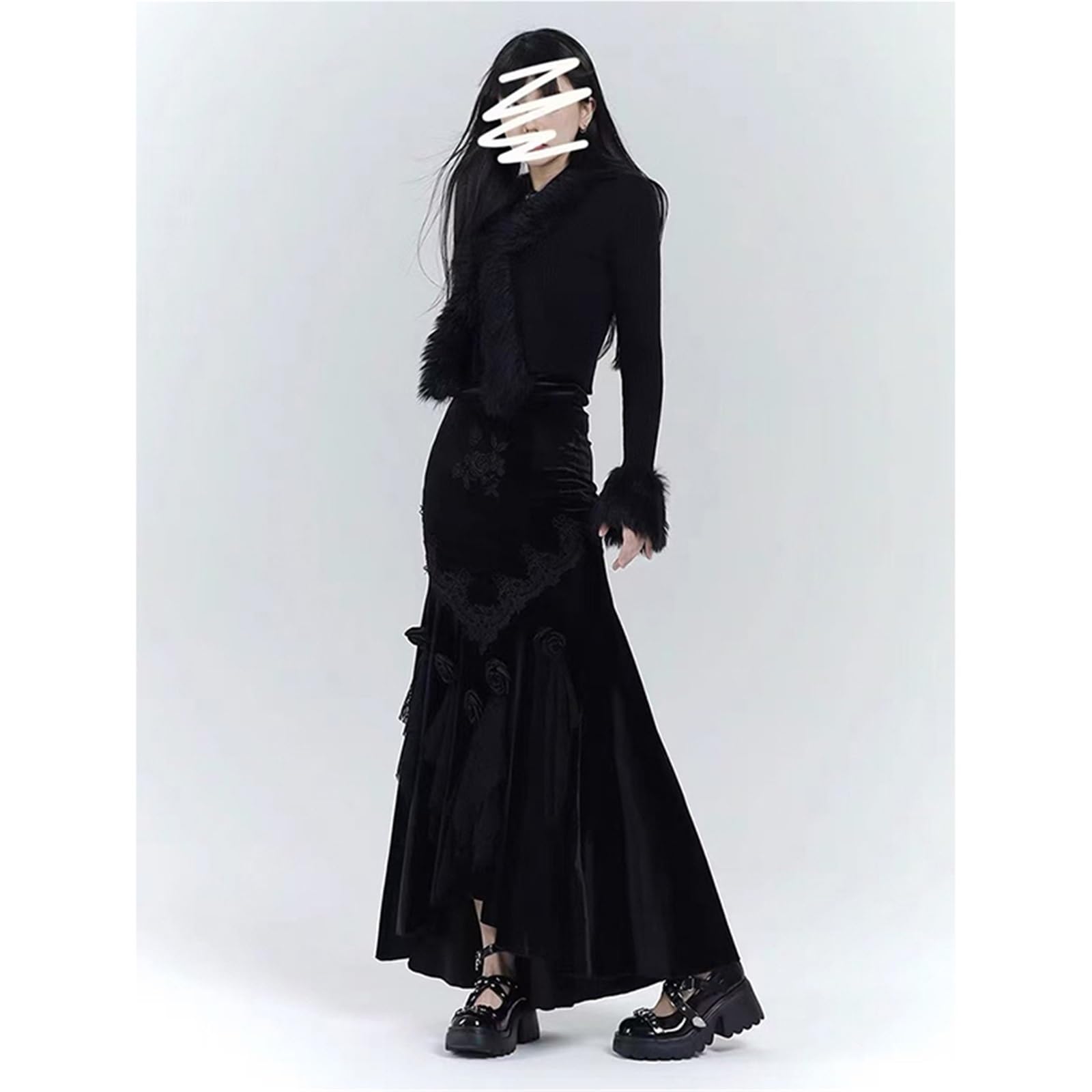 Gonna Longuette in Velluto Nero Vintage da Donna gonne a Sirena in Pizzo Floreale 3D Autunno Inverno Harajuku Gotico Slim Tromba gonne