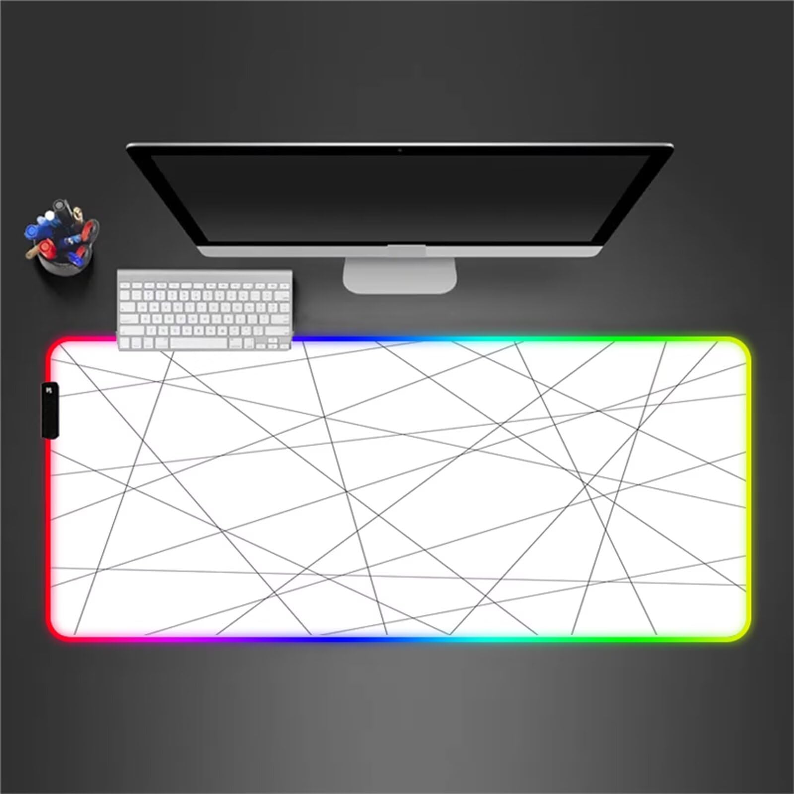 Alfombrilla de Ratón RGB 900x400x4mm XXL Grande Alfombrilla de ratón para Juegos LED 14 Efectos de Iluminación Alfombrilla Ratón Gaming para Gamers PC y Portátil, Blanco Geométrico
