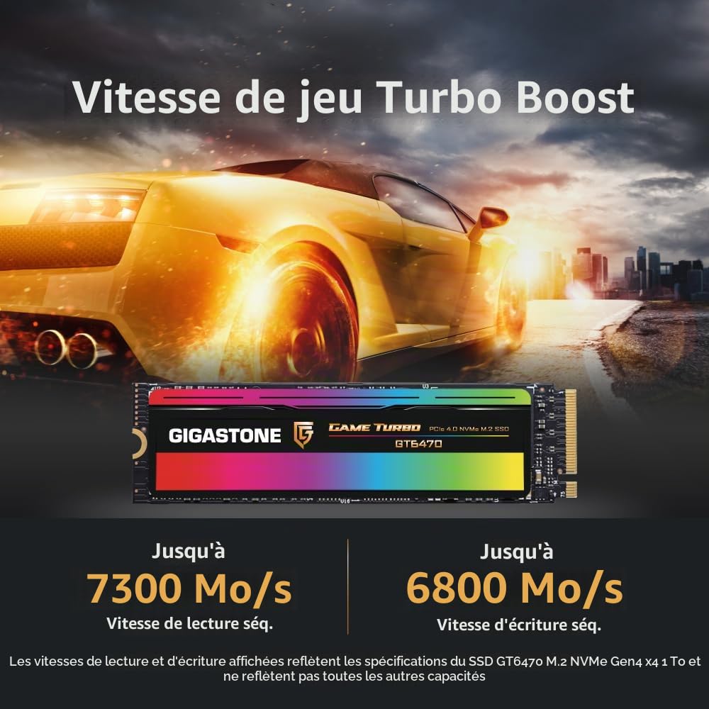 Gigastone SSD NVMe 1To M.2 2280 PCIe Gen4, jusqu'à 7,300 Mo/s pour PS5 Ordinateur Portable et de Bureau, internes Disque Dur ssd 3D NAND SLC Cache Les Passionnés de PC Les Joueurs GT6470