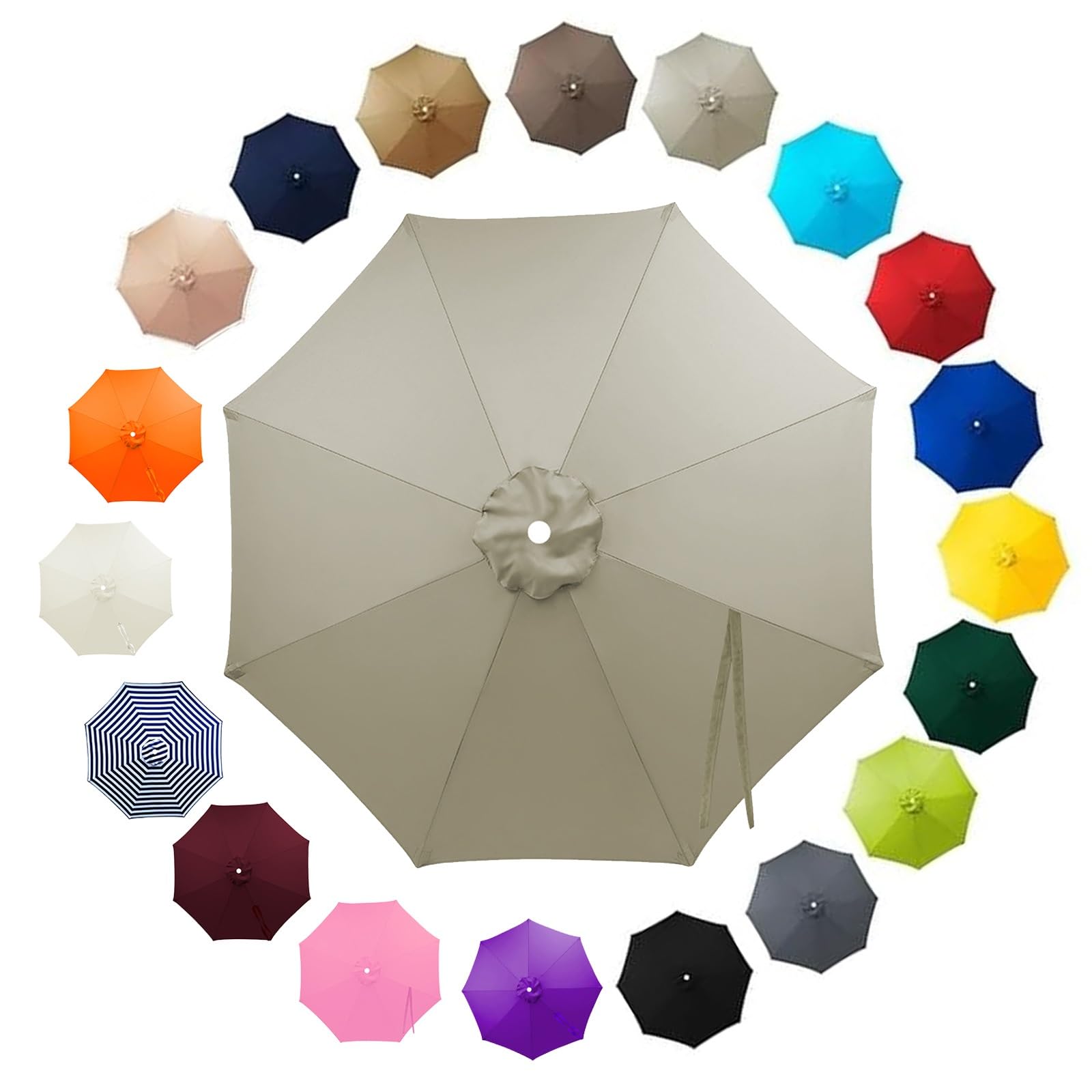 Outdoor Patio Parasol Replacement Canopy 2.5m 2.8m 3.30m 3.5m 6/8 Ribs, Fade Resistant Garden Umbrella Top Fabric Cover, Waterproof UV Protection Sunshade Cloth(Taupe,2.15m/8 Arms)