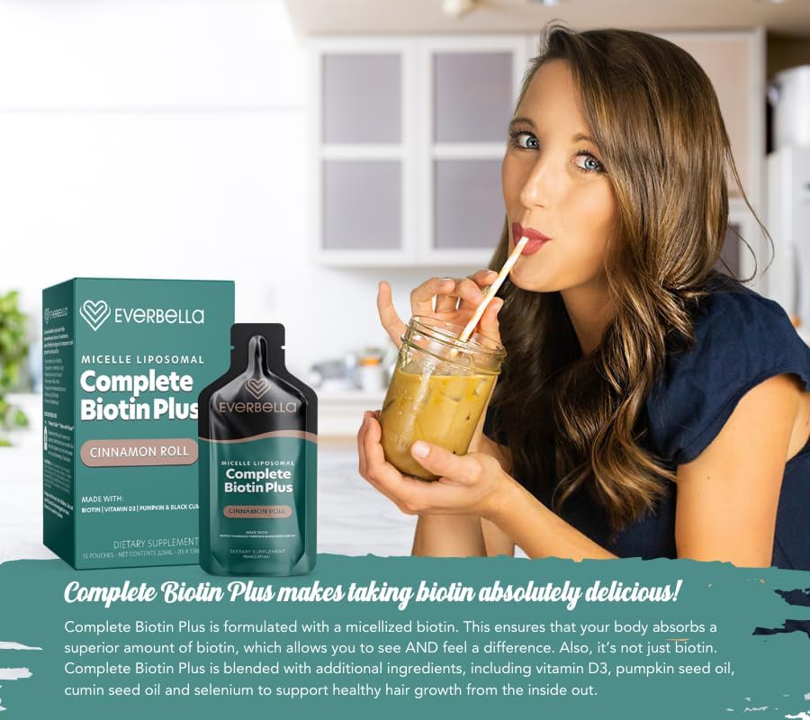 Miniatura 2 de Biotina completa Plus, sabor a rollo de canela, fórmula liposomal, biotina, aceite de semilla de calabaza, aceite de semilla de comino negro, D3,